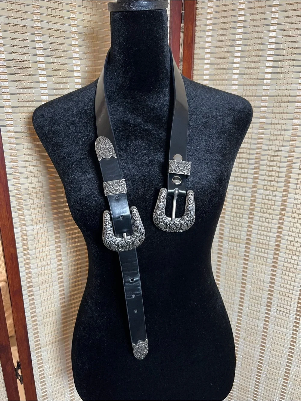 Black Western Double Buckle Belt Silver Floral Engraved Hardware Statement Waist